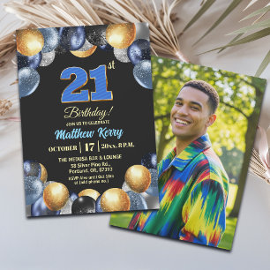 Elegant Blue Silver Gold 21st Birthday Photo Invitation