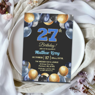 Elegant Blue Silver Gold 27th Birthday Party Invitation