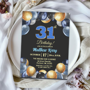 Elegant Blue Silver Gold 31st Birthday Party Invitation