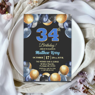Elegant Blue Silver Gold 34th Birthday Party Invitation