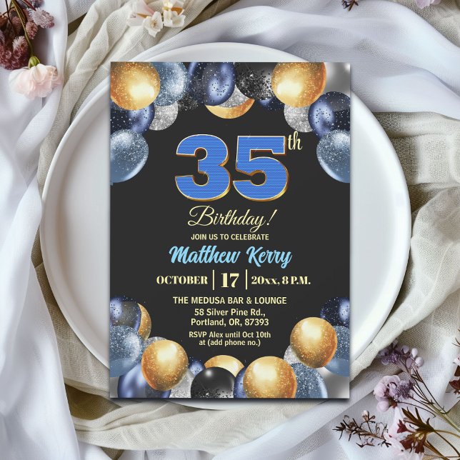 Elegant Blue Silver Gold 35th Birthday Party Invitation (Creator Uploaded)