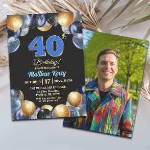 Elegant Blue Silver Gold 40th Birthday Photo Invitation