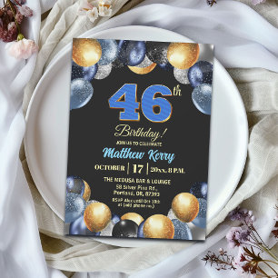 Elegant Blue Silver Gold 46th Birthday Party Invitation