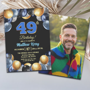 Elegant Blue Silver Gold 49th Birthday Photo Invitation