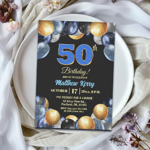 Elegant Blue Silver Gold 50th Birthday Party Invitation