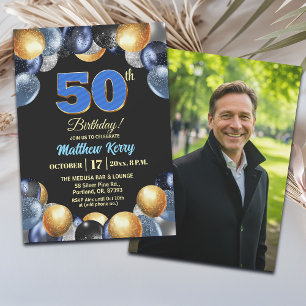 Elegant Blue Silver Gold 50th Birthday Photo Invitation