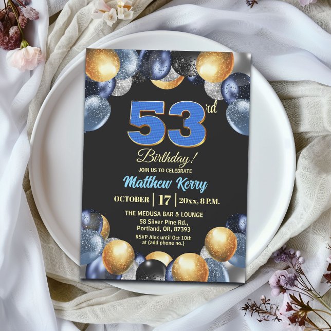 Elegant Blue Silver Gold 53rd Birthday Party Invitation (Creator Uploaded)