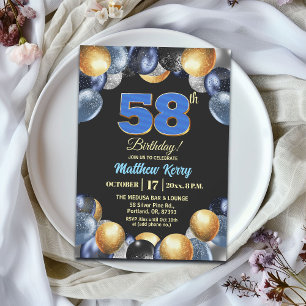 Elegant Blue Silver Gold 58th Birthday Party Invitation