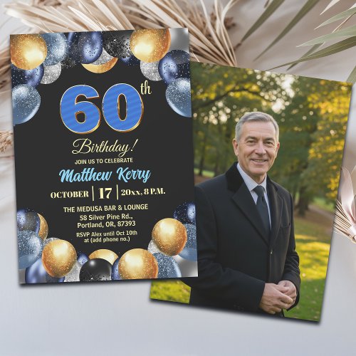 Elegant Blue Silver Gold 60th Birthday Photo