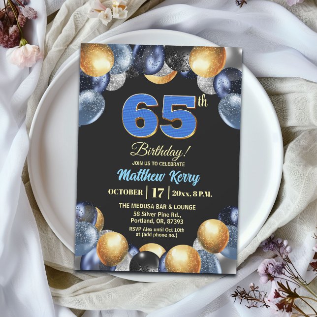 Elegant Blue Silver Gold 65th Birthday Party Invitation (Creator Uploaded)