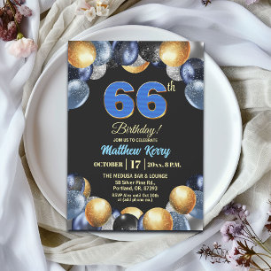 Elegant Blue Silver Gold 66th Birthday Party Invitation