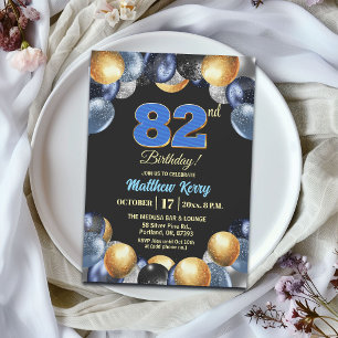 Elegant Blue Silver Gold 82nd Birthday Party Invitation