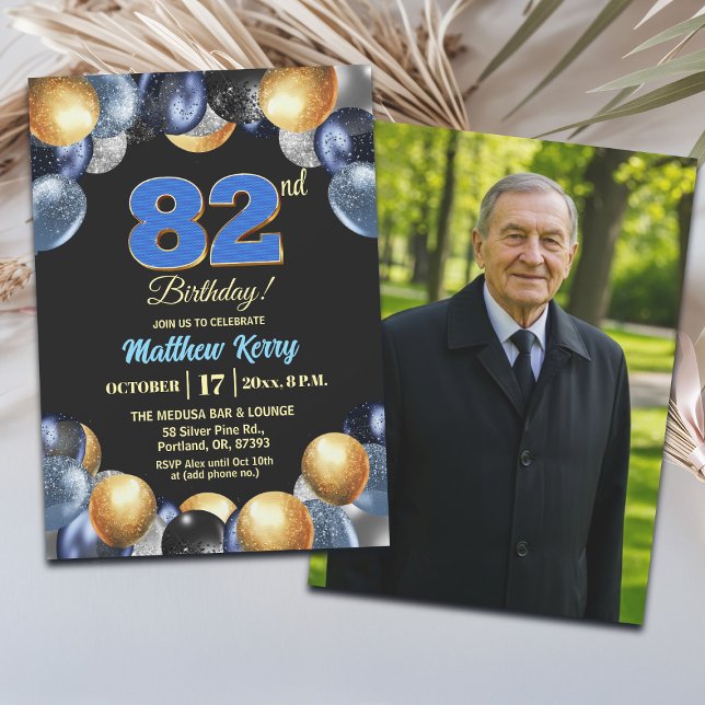 Elegant Blue Silver Gold 82nd Birthday Photo  Invitation (Creator Uploaded)