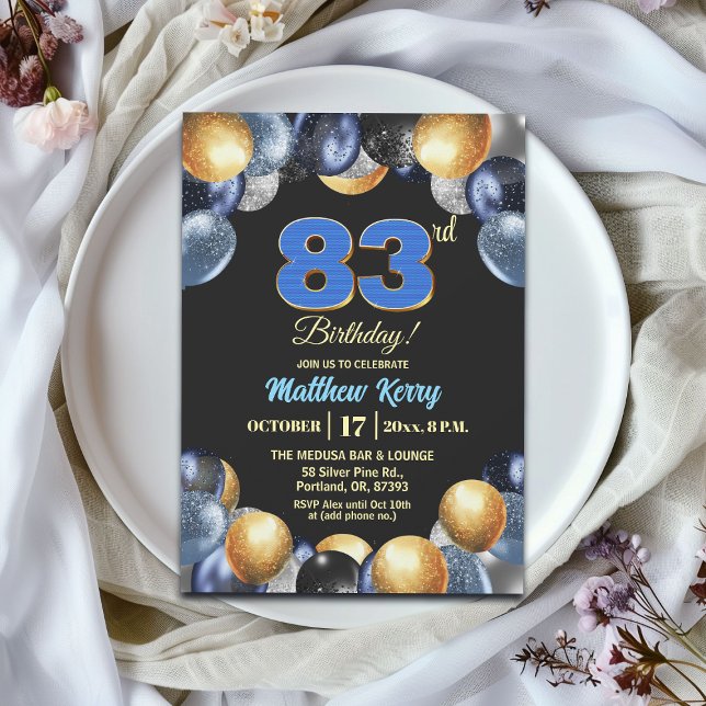 Elegant Blue Silver Gold 83rd Birthday Party Invitation (Creator Uploaded)