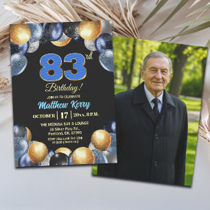 Elegant Blue Silver Gold 83rd Birthday Photo Invitation