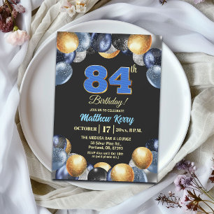 Elegant Blue Silver Gold 84th Birthday Party Invitation