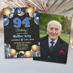 Elegant Blue Silver Gold 94th Birthday Photo  Invitation