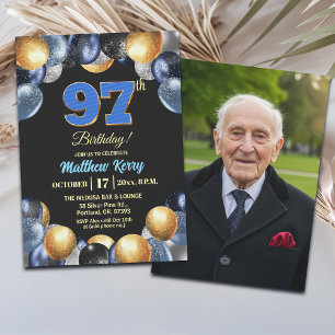 Elegant Blue Silver Gold 97th Birthday Photo Invitation