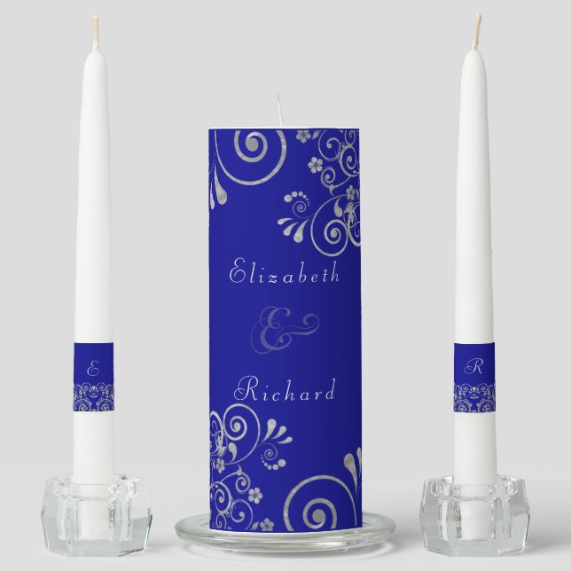 Elegant Blue Silver Gray Swirls Wedding Unity Candle Set (Front)