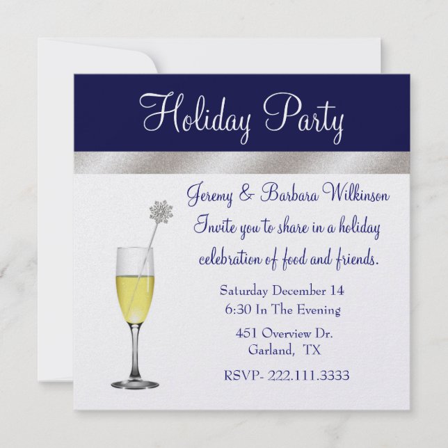 Elegant Blue & Silver Holiday Party Invitation (Front)