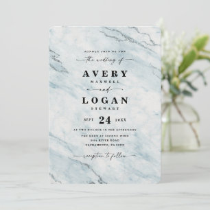 Elegant Blue & Silver Metallic Marble Wedding Invitation