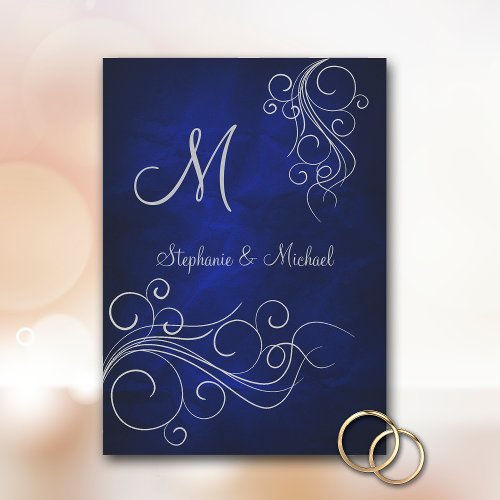 Elegant Blue Silver Monogram Wedding Invitation