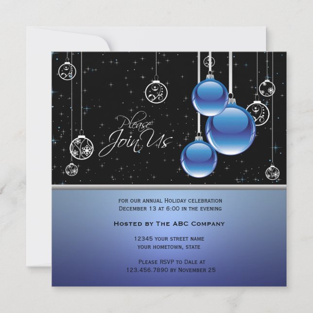 Elegant Blue Silver Ornaments on Black Invite (Front)