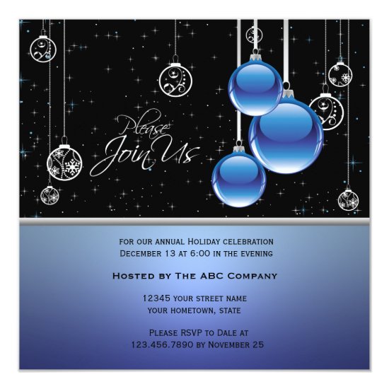 Elegant Blue Silver Ornaments on Black Invite
