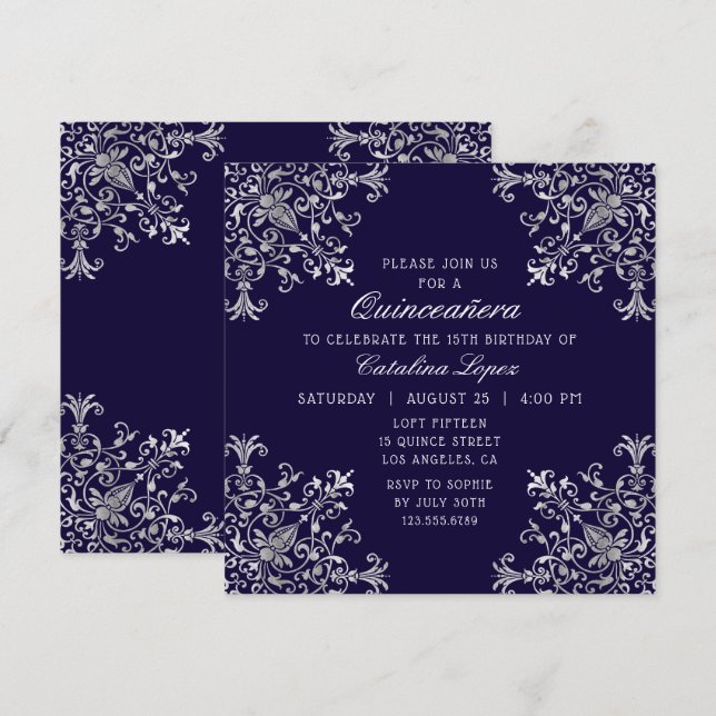 Elegant Blue Silver Ornate Floral Quinceañera Invitation (Front/Back)