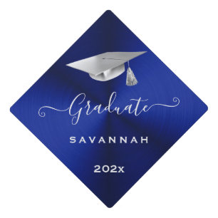 Elegant Blue Silver Personalized Graduation Cap Topper
