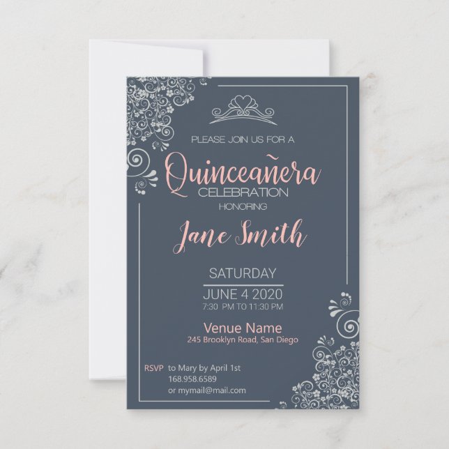 Elegant blue silver quinceanera floral invitation (Front)