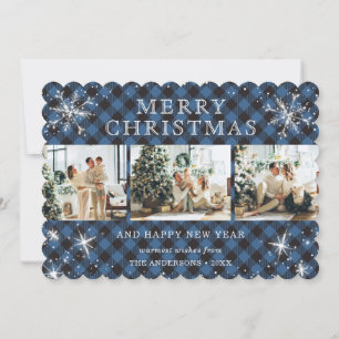 Elegant Blue Silver Snowflake 3 Photo Collage Holiday Card
