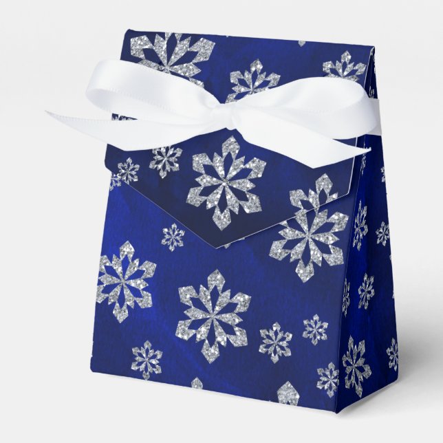 Elegant Blue Silver Snowflake Personalized Favor Boxes (Front Side)
