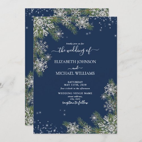Elegant Blue Silver Snowflake Pine Winter Wedding Invitation