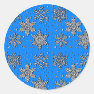Elegant blue silver snowflakes classic round sticker