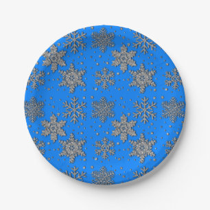 Elegant blue silver snowflakes paper plates