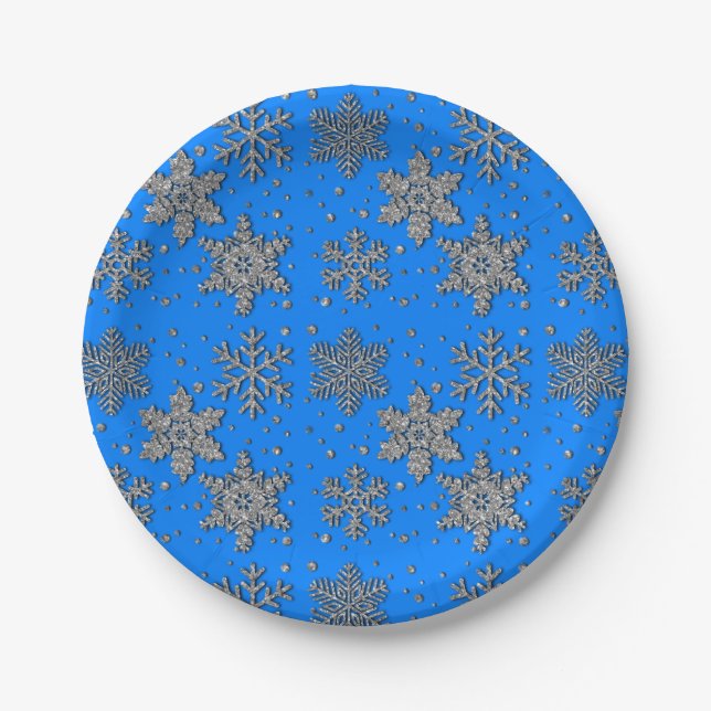 Elegant blue silver snowflakes paper plates (Front)