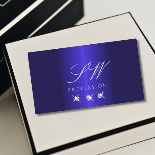 Elegant Blue Silver Sparkling Diamonds Monogram Business Card