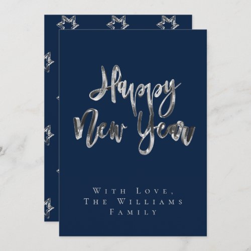 Elegant Blue Silver Star Pattern Happy New Year Holiday Card