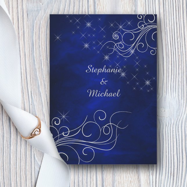 Elegant Blue Silver Star Swirl Wedding Invitation (Creator Uploaded)