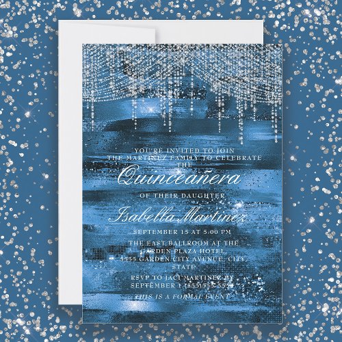 Elegant Blue Silver String Lights Quinceaera Invitation