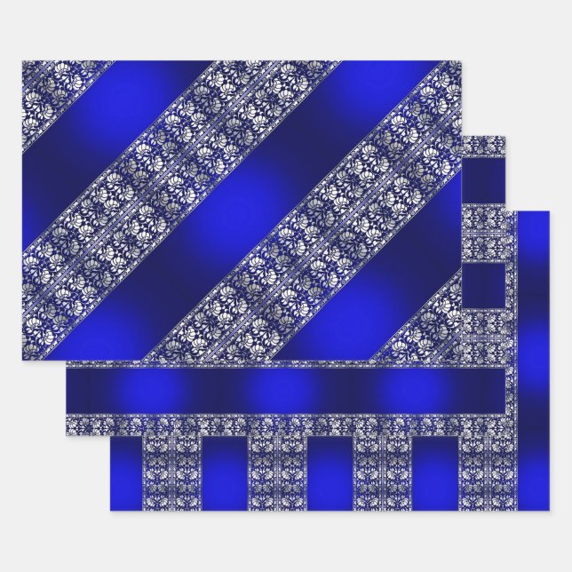 Elegant Blue & Silver Stripe Patterns Wrapping Paper Sheets (Set)