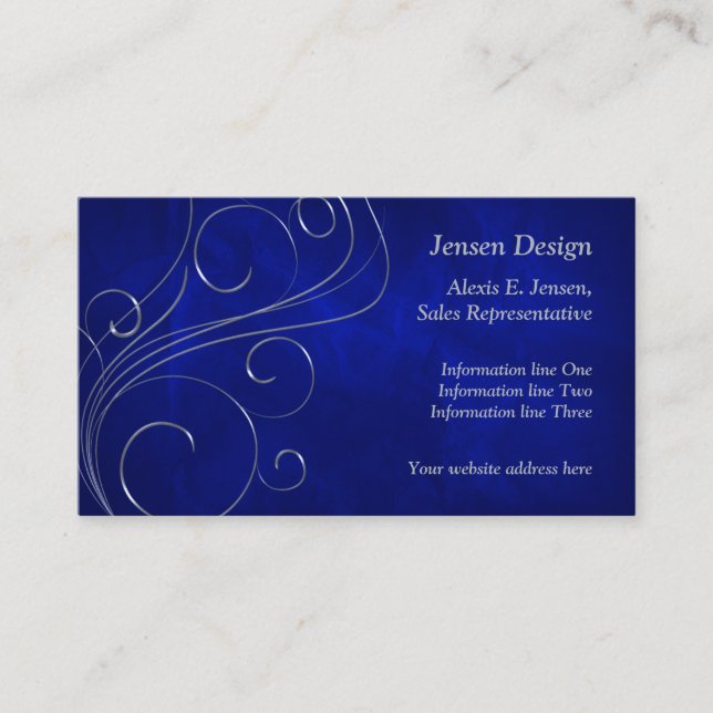 Elegant Blue Silver Swirl Design Business Card (Front)