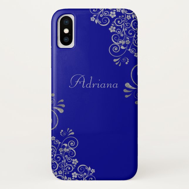 Elegant Blue Silver Swirls Custom Script Case-Mate iPhone Case (Back)