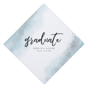Elegant Blue Silver Watercolor Graduate Custom Graduation Cap Topper