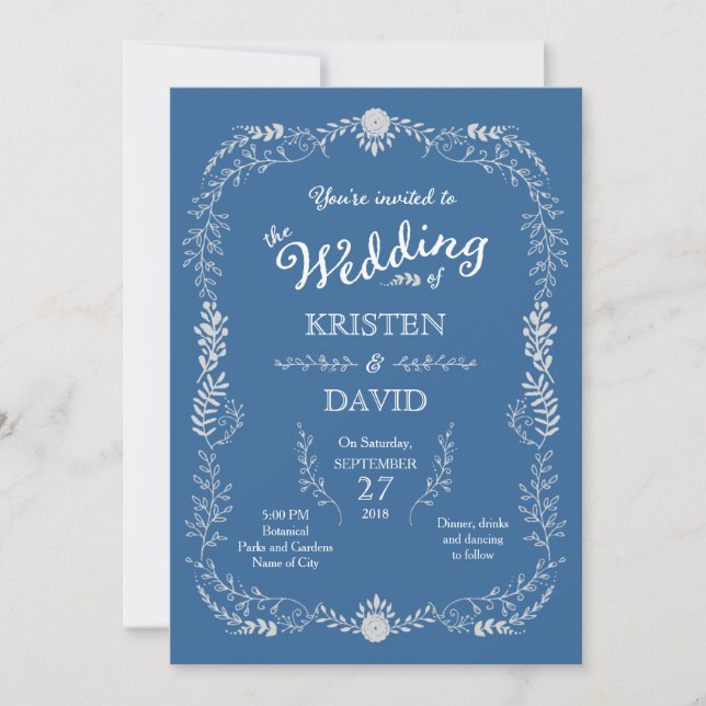 Elegant Blue & Silver Wreath Monochromatic Wedding Invitation (Front)