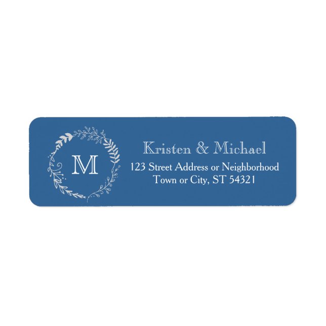 Elegant Blue & Silver Wreath Monochromatic Wedding Label (Front)