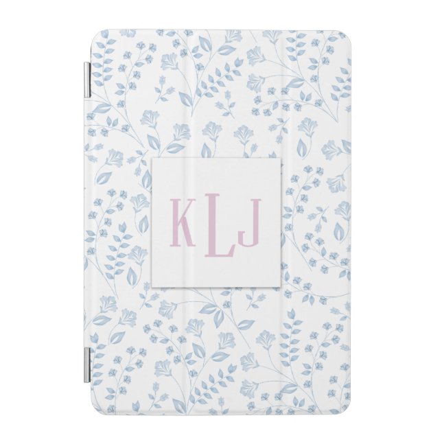 Elegant Blue Simple Stylish Floral Monogram iPad Mini Cover (Front)