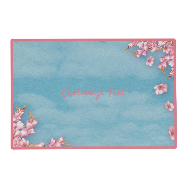 Elegant Blue Sky Pink Flowers Personalize Placemat (Front)