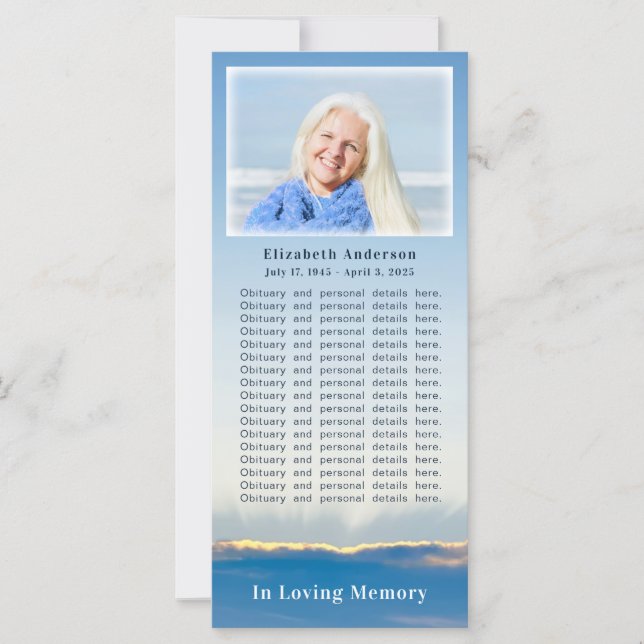 Elegant Blue Sky Rays Funeral Obituary Photo Card (Front)